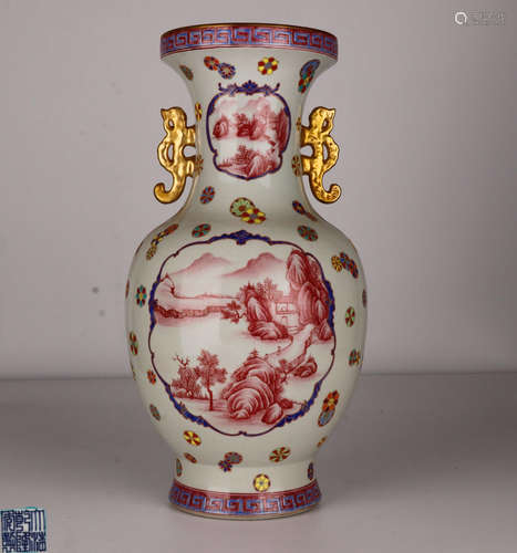 PAIR OF QIANLONG MARK FAMILLE ROSE EAR VASES