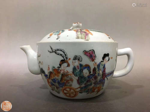 A FAMILLE ROSE TEAPOT WITH STORY PAINTED