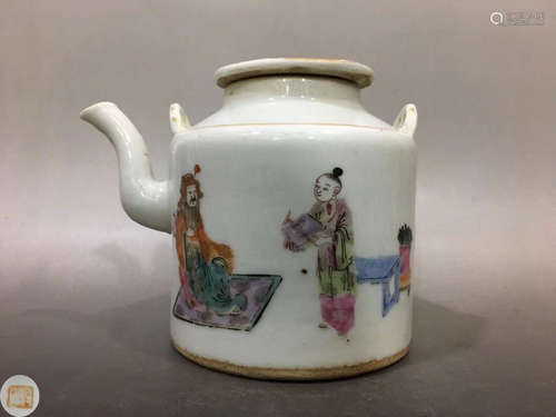 A FAMILLE ROSE TEAPOT WITH STORY PAINTED