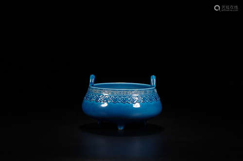 QIANLONG MARK BLUE GLAZE TRIPOD CENSER