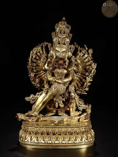 A GILT BRONZE YAMANTAKA  SITTING STYLE BUDDHA