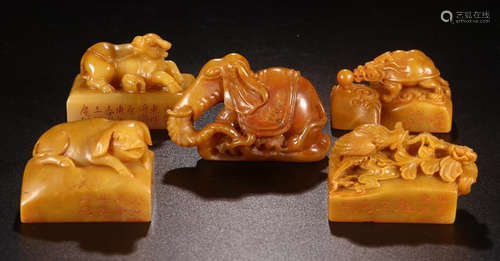 A SET OF FIVE PIECES  TIANHUANG STONE  BEAST CARVED   SEALS