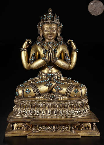 A GILT BRONZE  TURQUOISE  EMBEDED STONE GUANYIN FIGURE