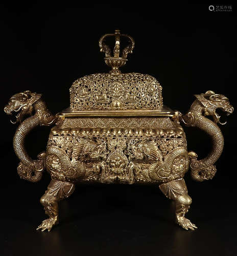 A GILT BRONZE DRAGON SHAPED EARS FOUR FEETS INCENSE CENSER