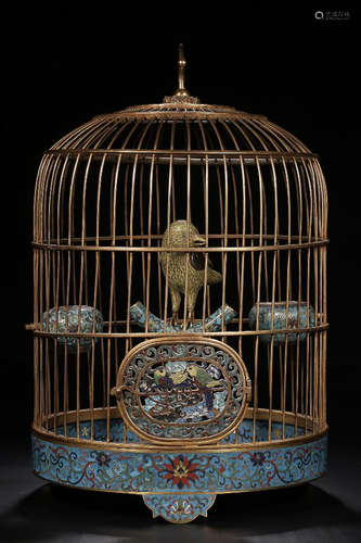 A CLOISONNE ENAMELED BIRDCAGE&BIRD  SHAPED ORNAMENT