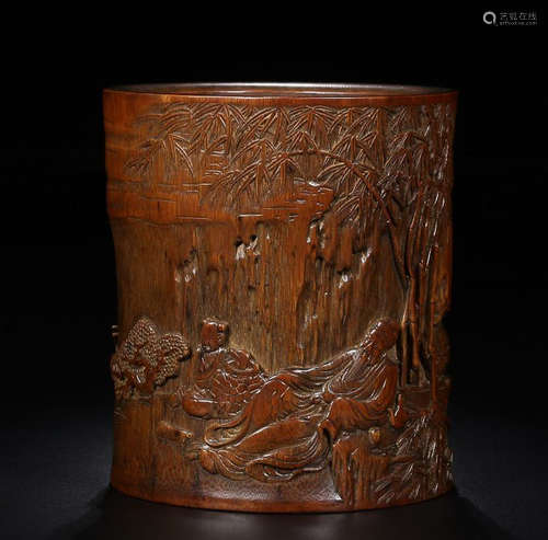 A BAMBOO  CHARACTER STORY PATTERN BRUSH POT