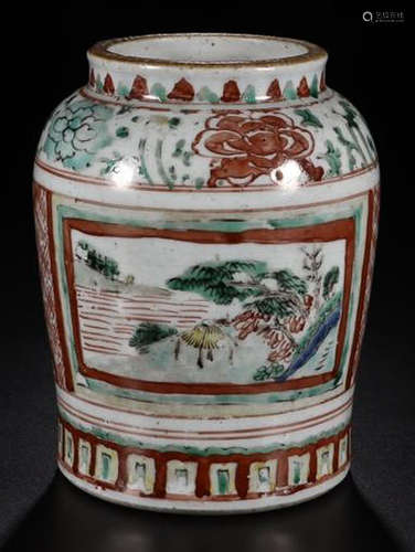 A WUCAI  LANDSCAPE PATTERN PAINTED JAR