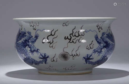 A BLUE AND WHITE UNDERGLAZE RED BRUSH WASHER WITH DRAGON PATTERN