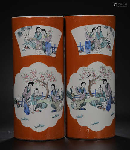 A PAIR OF RED GLAZE FAMILLE ROSE  CHARACTER STORY PATTERN BRUSH POT