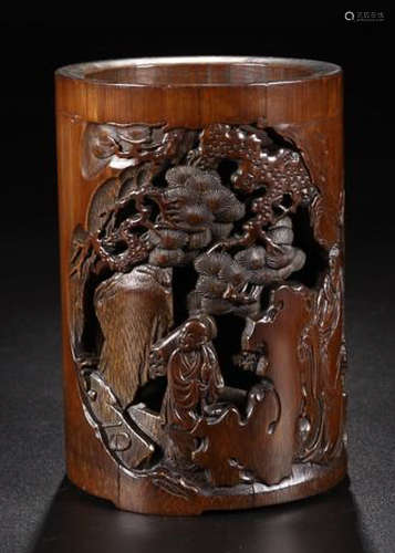 A BAMBOO   CHARACTER PATTERN CARVED BRUSH POT