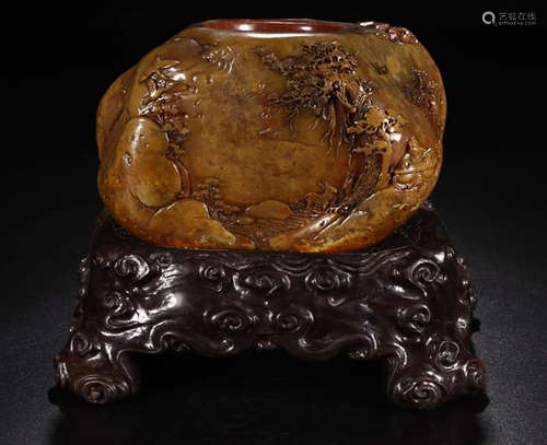 A TIANHUANG STONE  LANDSCAPE CARVED BRUSH WASHER