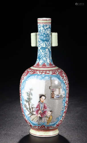 A FAMILLE ROSE CHARACTER STORY  PAINTED  EAR  VASE