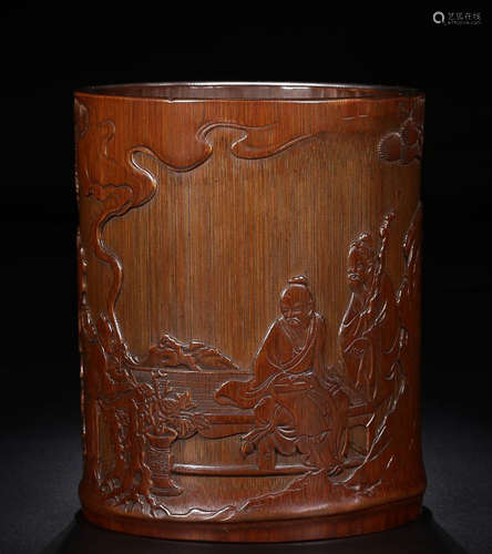 A BAMBOO  CHARACTER STORY PATTERN BRUSH POT