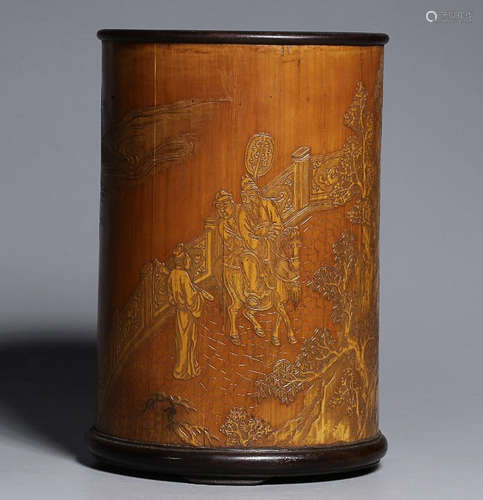 A BAMBOO CARVED CHARACTER STORY BRUSH POT