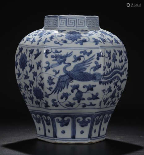 A BLUE AND WHITE  PHOENIX AND FLOWER PATTERN PAINTED HEXAGONAL JAR