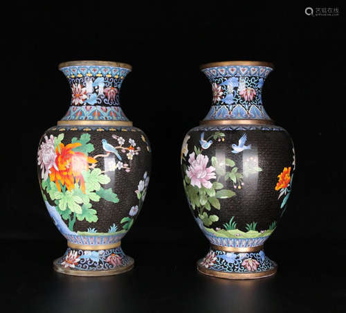 A PAIR OF FLOWER BIRD PAINTED ENAMELED VASES