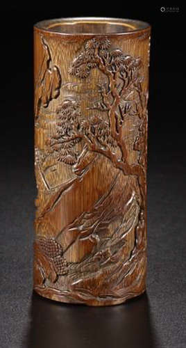 A BAMBOO  CHARACTER STORY PATTERN CAREVD BRUSH POT