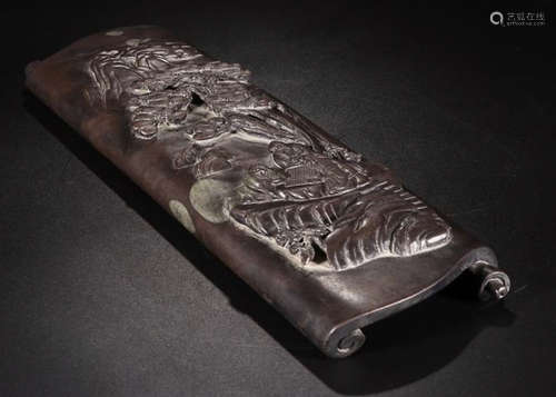 A QIYANG STONE  CHARACTER PATTERN CARVED ARM REST