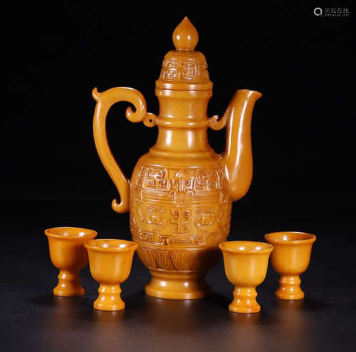 YELLOW JADE FLAGON & CUP SET FOR 5