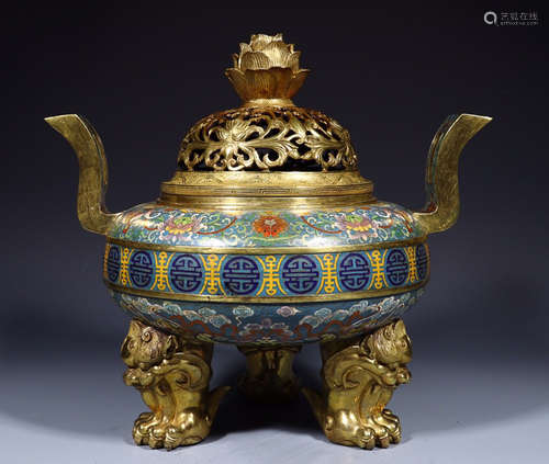 QIANLONG NIAN ZHI MARK CLOISONNE LOTUS PATTERN CHANGSHOU EAR THREE LEGS CENSER