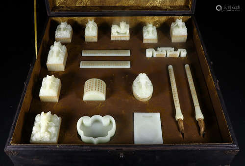 WHITE HETIAN JADE STUDY TOOL SET FOR 17