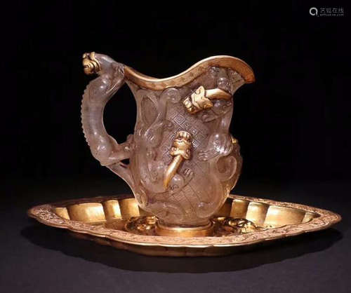 CRYSTAL GILT DRAGON PATTERN PLATE & CUP SET