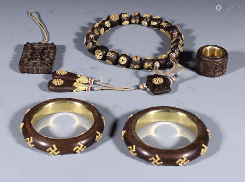 ROYAL STYLE CHENXIANG EMBEDDED GOLD HAND HOLDER & BANGLE & RING & BRAND SET