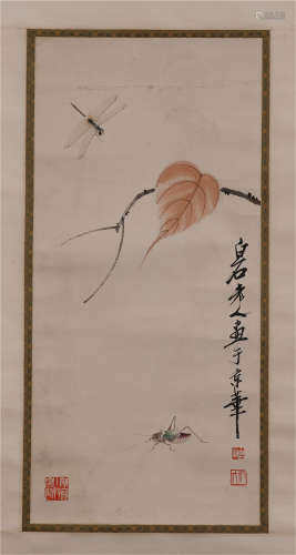 CHINESE SCROLL PAINTING OF INSECT AND LEAF