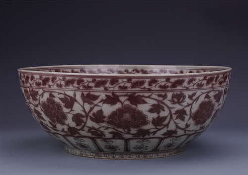 LARGE CHINESE PORCELAIN RED UNDER GLAZE FLOWER BOWL