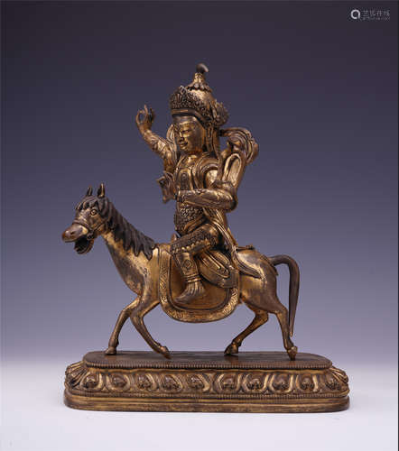 TIBETAN GILT BRONZE GOD OF WEALTH ON HORSE