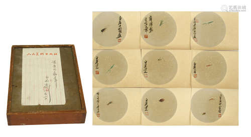 TWEELVE PAGES OF CHINESE ALBUM ROUND FAN PAINTING OF INSECT WITH CALLIGRAPHY