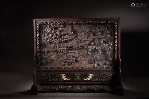 CHINESE HARDWOOD ZITAN LACQUER MEN IN MOUNTAIN TABLE SCREEN