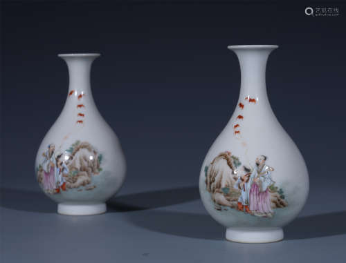 PAIR OF CHINESE PORCELAIN FAMILLE ROSE FIGURES VASES