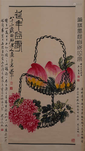 CHINESE SCROLL PAINTING OF PEACH FLOWER IN BASKET