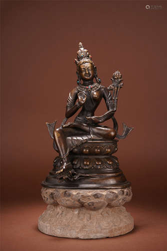 CHINESE BRONZE SEATED TARA ON LOTUS BASE