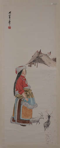 CHINESE SCROLL PAINTING OF TIBETAN GIRL WITH RAM