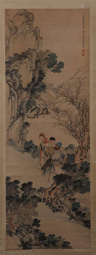 CHINESE SCROLL PAINTING OF FIGURES IN MOUNTAIN