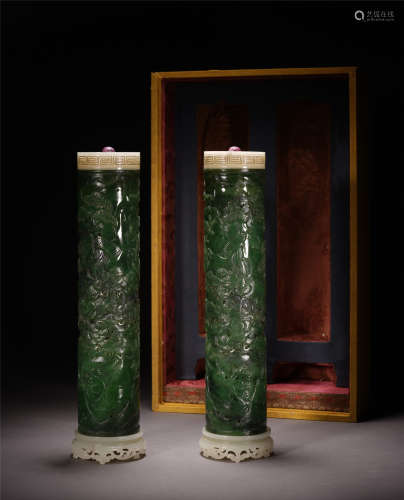 PAIR OF CHINESE SPINACH JADE INCENSE CAGES