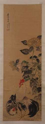 CHINESE SCROLL PAINTING OF ROOSTER AND FLOWER