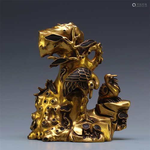 CHINESE GILT BRONZE BIRD SCHOLAR'S ROCK