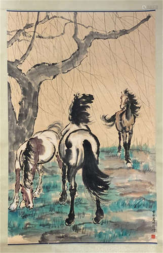 CHINESE SCROLL PAINTING OF HORSE UNDER WILLOW