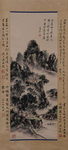 CHINESE SCROLL PAINTING OF MOUNTAIN VIEWS WITH CALLIGRAPHY