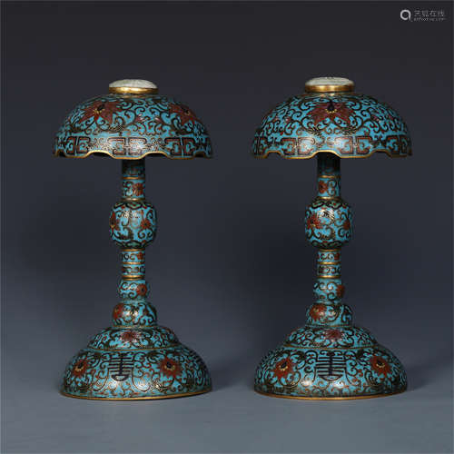 PAIR OF CHINESE JADE INLAID CLOISONNE FLOWER HAT STANDS