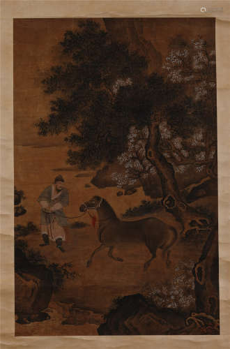 CHINESE SCROLL PAINTING OF HORSE MAN UNDER PINE