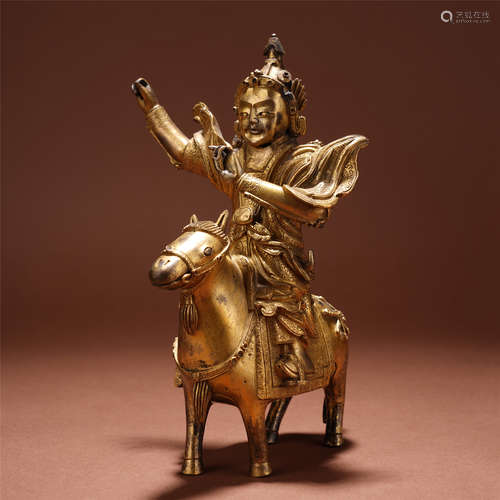 TIBETAN GILT BRONZE GOD OF WEALTH ON HORSE