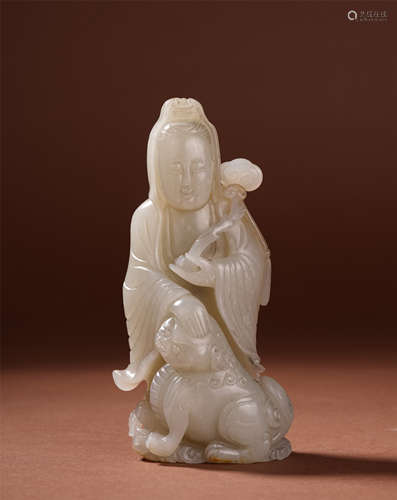 CHINESE WHITE JADE STANDING GUANYIN WITH BEAST