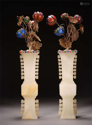 PAIR OF CHINESE GILT SILVER ENAMLE FLOWER IN WHITE JADE GU VASE