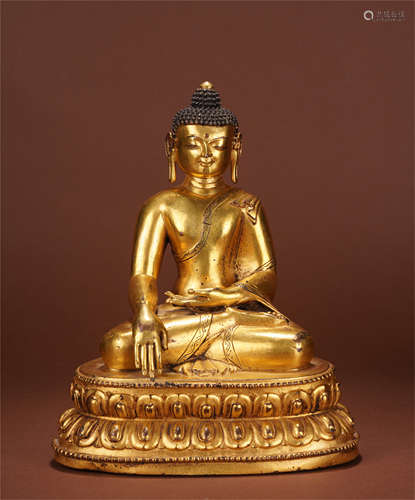 CHINESE GILT BRONZE SAETED SAKAYMUNI MING DYNASTY