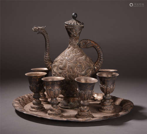 CHINESE SILVER DRAGON WINE KETTLE AND SIX CUPS