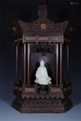 CHINESE WHITE JADE SEATED GUANYIN IN ZITAN NICHE